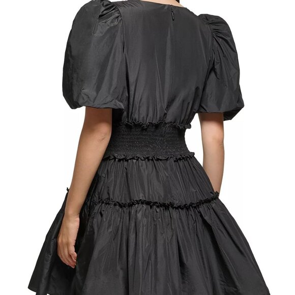 ☆☆SOLD☆☆ Karl Lagerfeld Paris Women's Puff-Sleeve Black Taffeta A-Line Dress - Picture 2 of 10